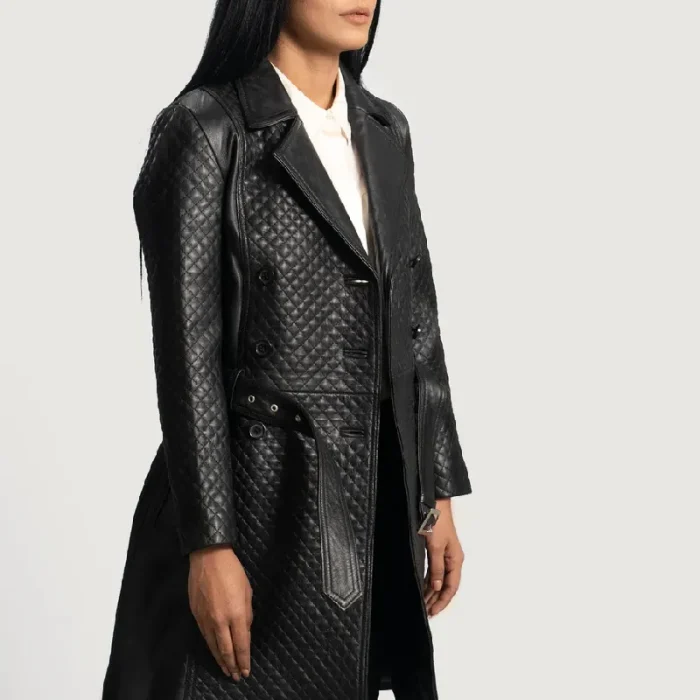 Women'S Susan Black Leather Waist Belt Trench Coat Side