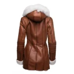 Women's Tan Hooded Shearling Leather Coat Back