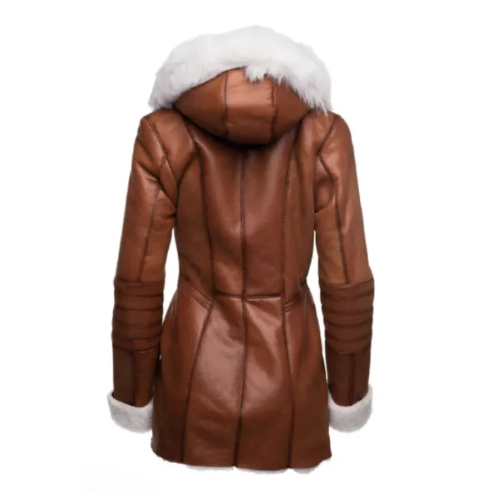 Women'S Tan Hooded Shearling Leather Coat Back