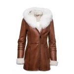 Women's Tan Hooded Shearling Leather Coat