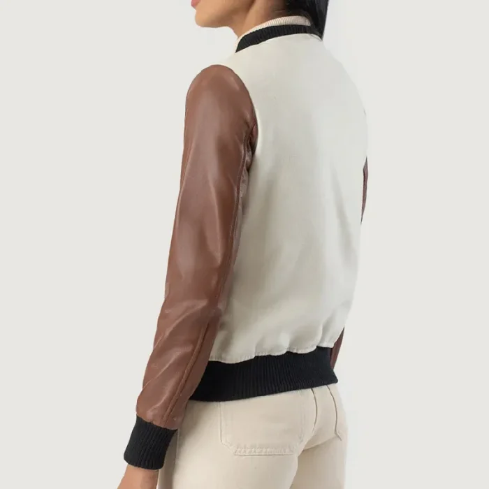 Women'S White/Brown Hybrid Varsity Leather Jacket With Snap Buttons Back