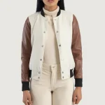 Women's White/Brown Genuine Leather Varsity Jacket