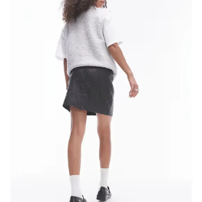 Black Faux Leather Crinkle Mini Skirt Back