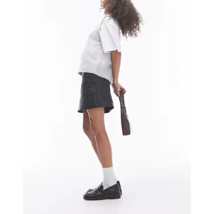 Black Faux Leather Crinkle Mini Skirt Side View