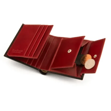 Black/Red Compact Leather Wallet With Coin Purse