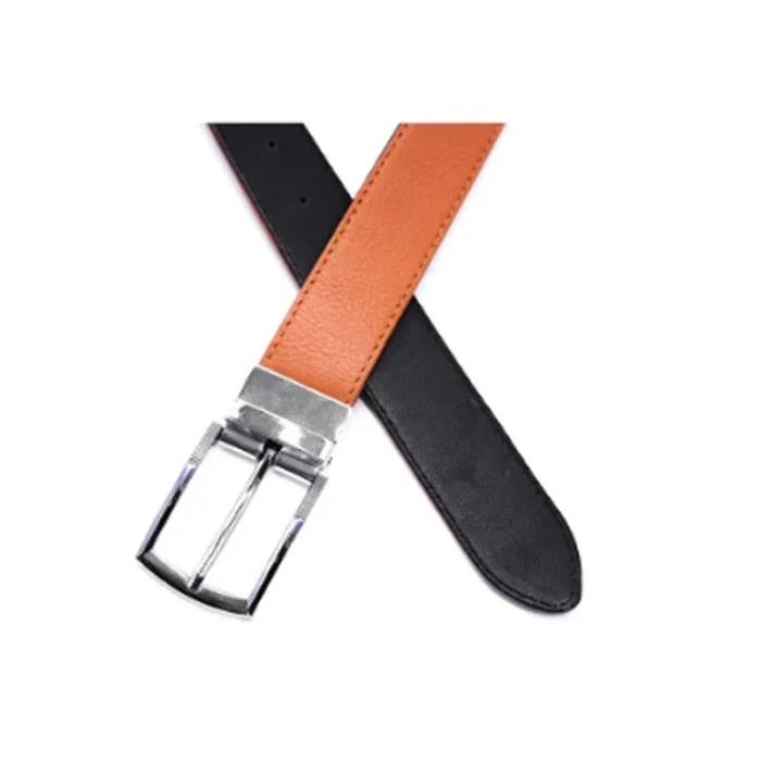 Black/Tan Reversible Leather Belt Close View