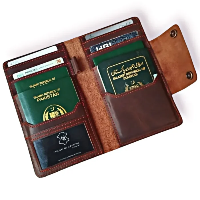 Dark Brown Travel Passport Cover Leather Wallet Open