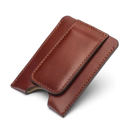 Dark Tan Flat Magnetic Leather Money Clip 1 CC