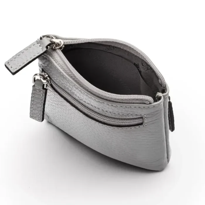 Grey Rfid Small Leather Zip Coin Pouch Open View