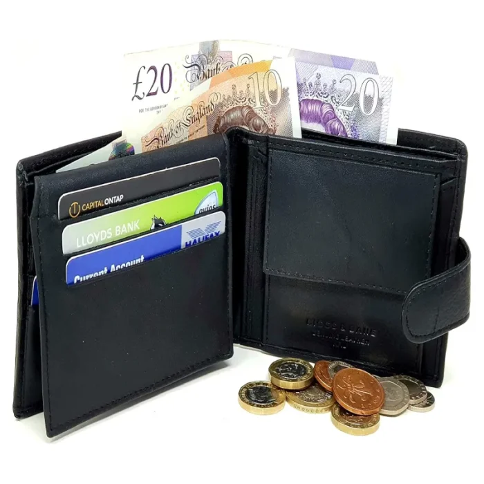 Man'S Black Rfid Contactless Coin Leather Wallet Open