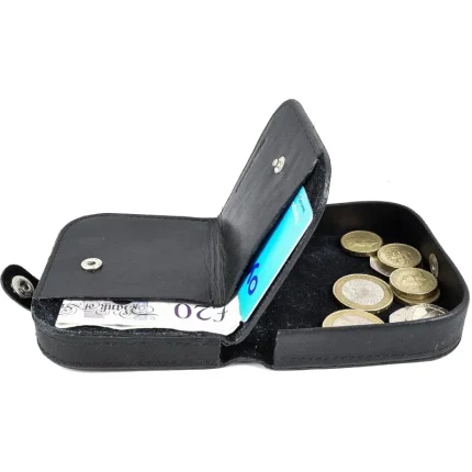 Men's Black Leather Coin Tray Wallet with Snap Button