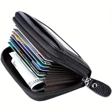 Men's Black Genuine Leather Zip-Around Card Holder Wallet