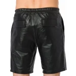 Men's Black Leather Elastic Waist Band Shorts Back View