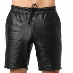 Men's Black Leather Elastic Waist Band Shorts