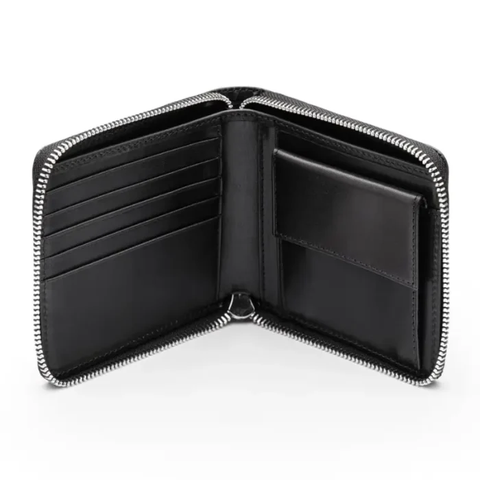 Men'S Black Leather Zip Wallet With Coin Purse Open View