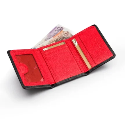 Men's Black-Red Trifold Leather Wallet With ID Window
