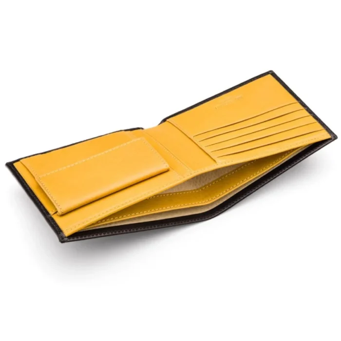 Men'S Black_Yellow Leather Wallet With Coin Pocket Open