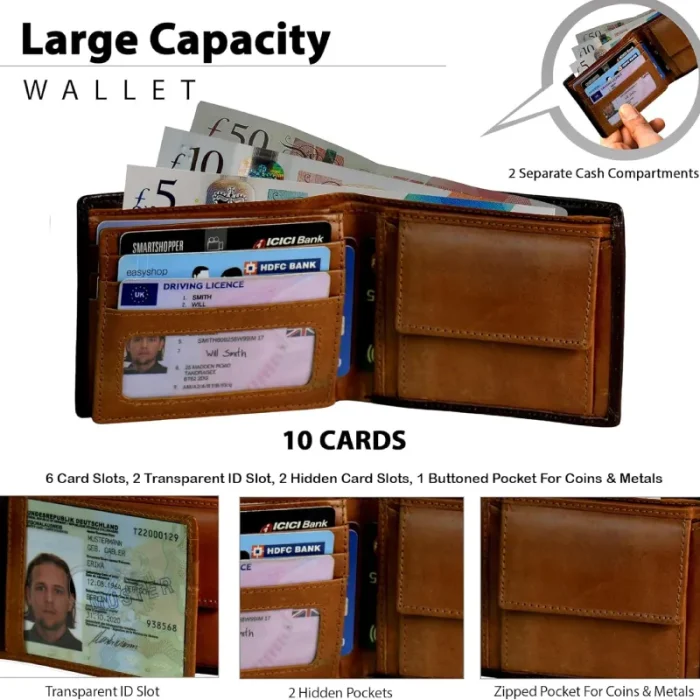Men'S Brown Leather Coin Pocket Cardholder Wallet Inner View