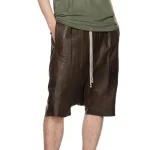 Men's Brown Leather Elastic Waist Shorts View