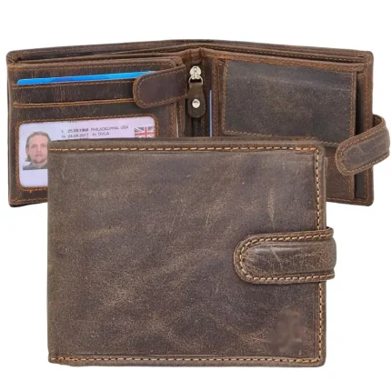 Men's Brown Real Leather Card Holder Wallet with Snap Button
