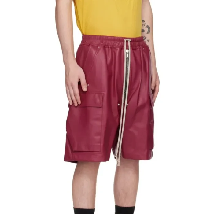 Men'S Burgundy Leather Elasticized Waistband Shorts Side View