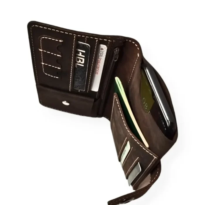 Men'S Coffee Brown Zipper Leather Travel Wallet Inside