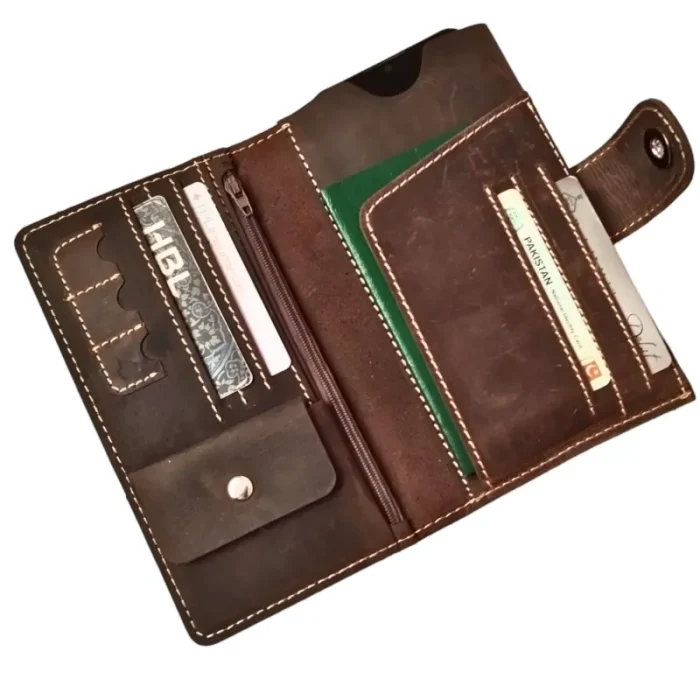 Men'S Coffee Brown Zipper Leather Travel Wallet Open