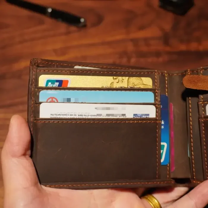 Men'S Dark Brown Faux Leather Coin Pocket Wallet Close View