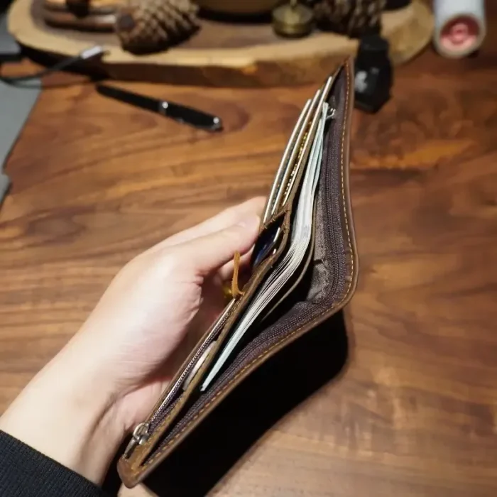 Men'S Dark Brown Faux Leather Coin Pocket Wallet Inner View
