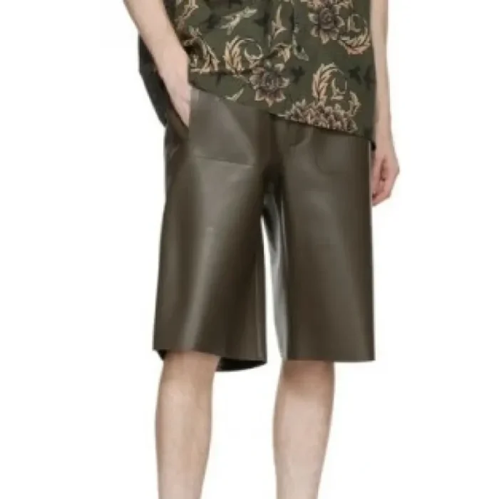 Men'S Dark Brown Leather Elasticized Waistband Shorts Side View