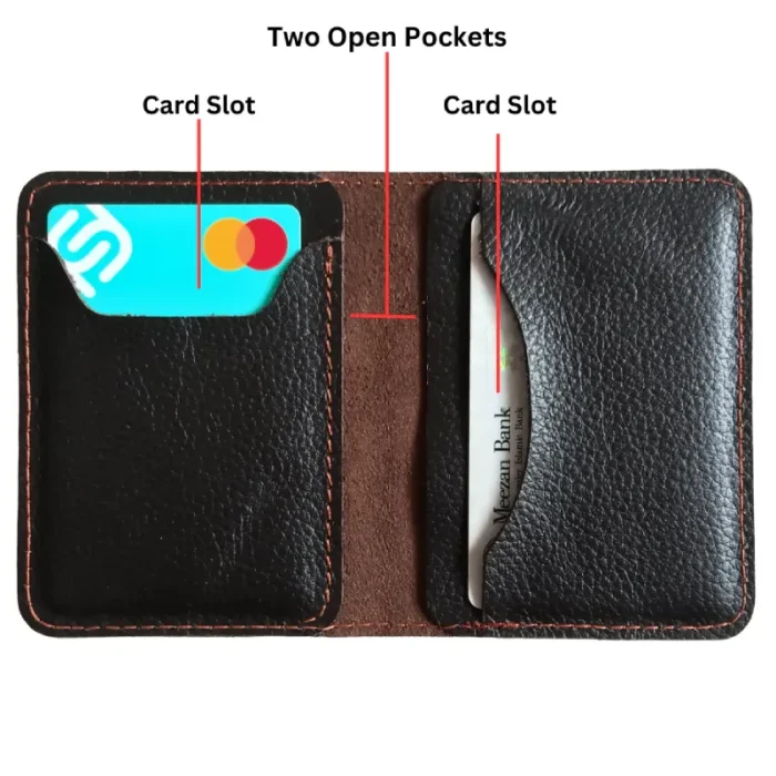 Men'S Dark Brown Mini Leather Bifold Card Holder Wallet Open