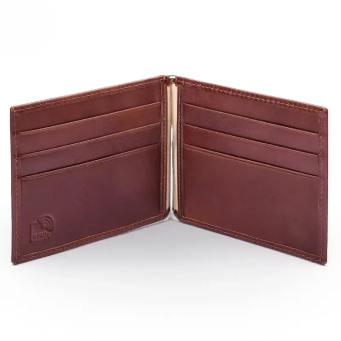 Men'S Dark Tan Rfid Leather Wallet With Money Clip Inner View