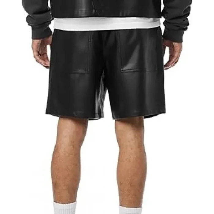 Men'S Elasticized Waist Black Leather Shorts Back View