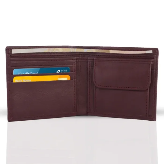 Men'S Maroon Bifold Coin Pocket Leather Wallet Inner View