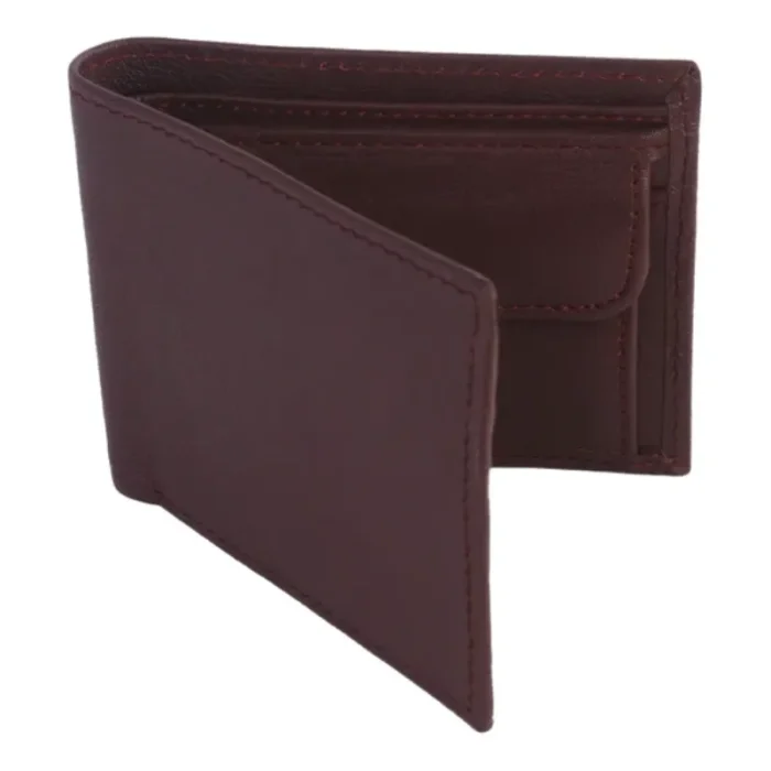 Men'S Maroon Bifold Coin Pocket Leather Wallet Side View