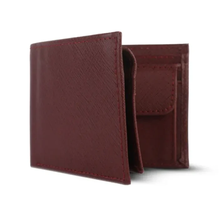 Men'S Maroon Fold Coin Pocket Leather Wallet Side View