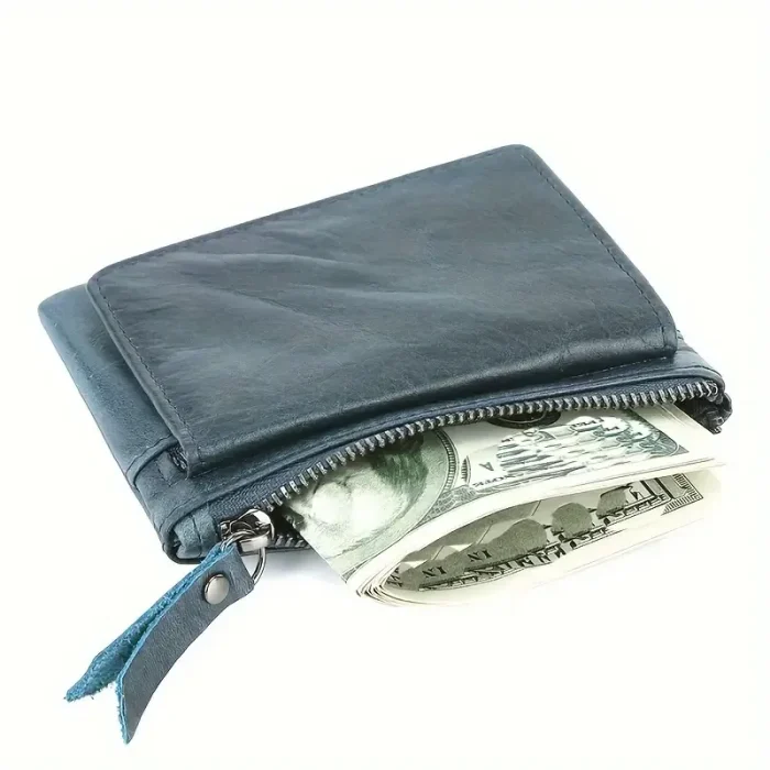 Men'S Navy Blue Genuine Leather Zip Wallet View