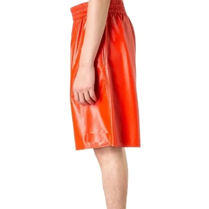 Men'S Orange Leather Bermuda Elasticated Waist Shorts Side View