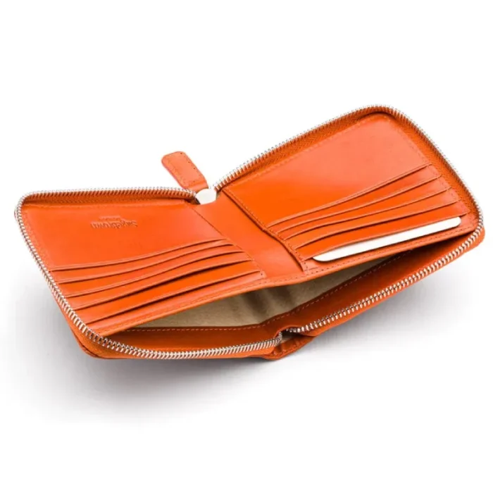 Men'S Orange Leather Wallet With Zip Around Open