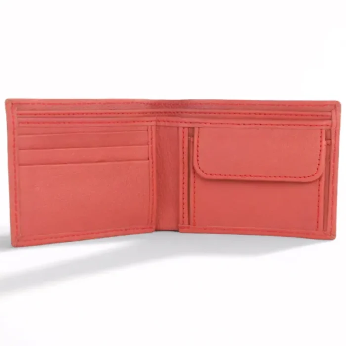 Men'S Pink Bifold Coin Pocket Leather Wallet Inner View
