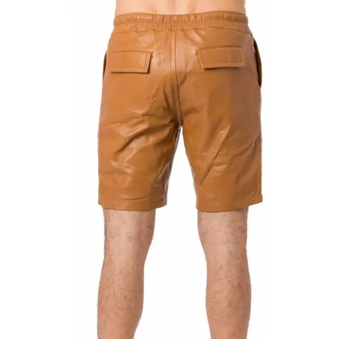 Men'S Tan Leather Elastic Waist Band Shorts Back View