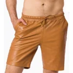Men's Tan Leather Elastic Waist Band Shorts