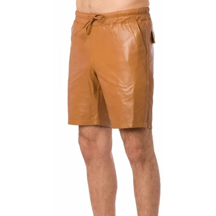 Men'S Tan Leather Elastic Waist Band Shorts Side View