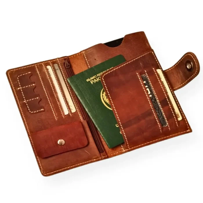 Men'S Tan Leather Travel Wallet With Passport Holder Open