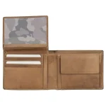 Men's Tan Luxury Thick Oiled Leather Flip-Up Trifold Wallet Full Open View