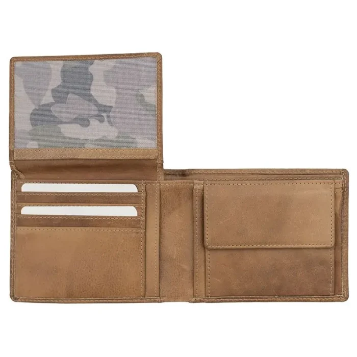Men'S Tan Luxury Thick Oiled Leather Flip-Up Trifold Wallet Full Open View