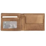Men's Tan Luxury Thick Oiled Leather Flip-Up Trifold Wallet Open View
