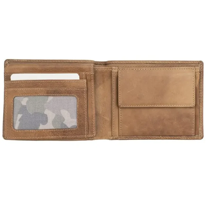 Men'S Tan Luxury Thick Oiled Leather Flip-Up Trifold Wallet Open View