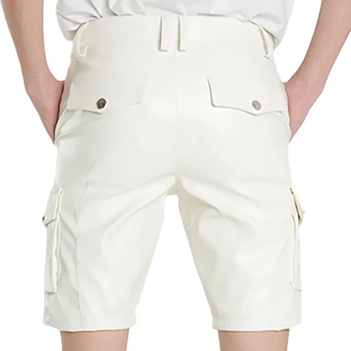 Men'S White Leather Cargo Shorts Back View