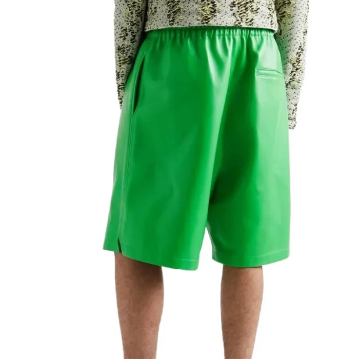 Men'S Wide Leg Green Leather Shorts Back View
